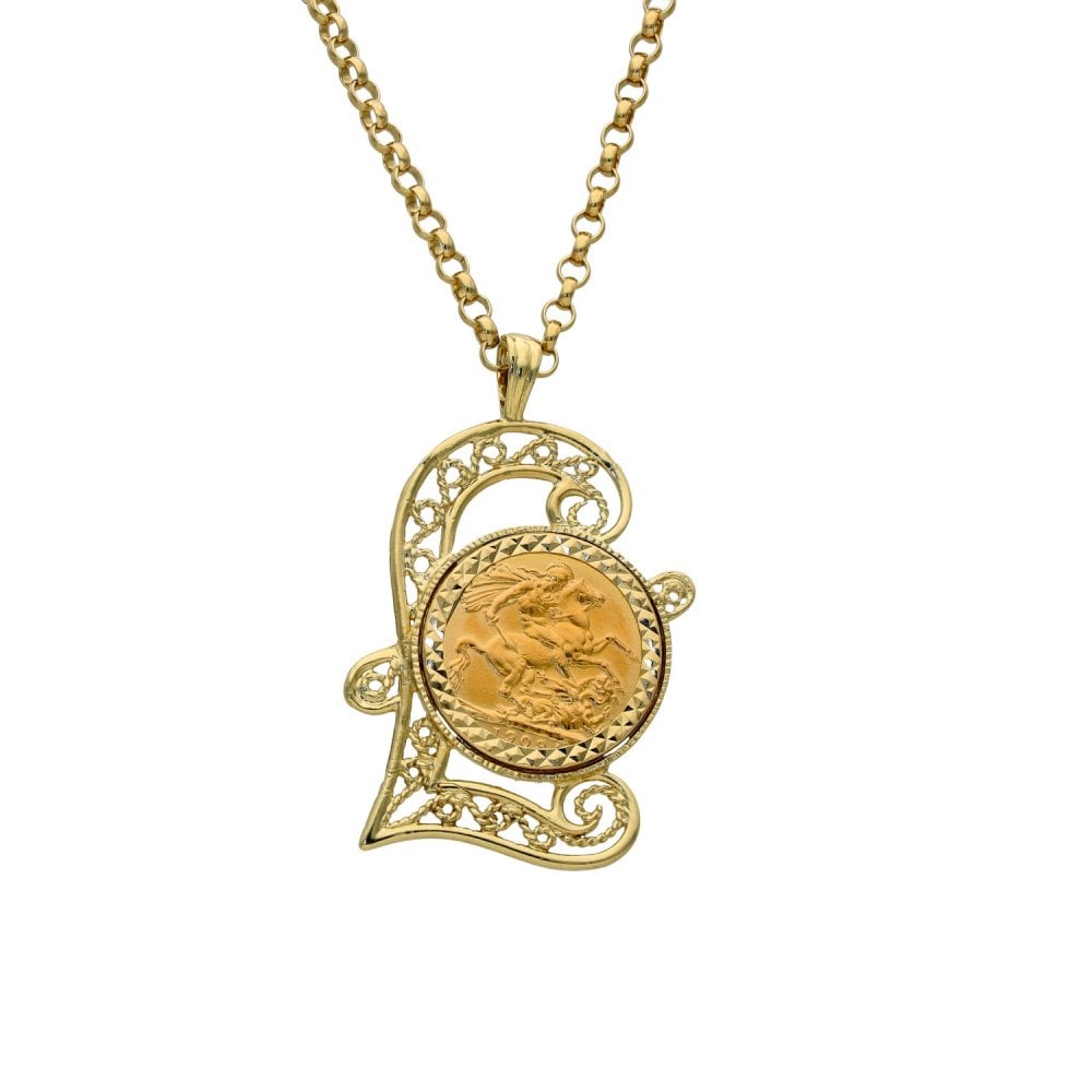 1909 Yellow Gold Full Sovereign Coin Pendant & Necklace - 22"