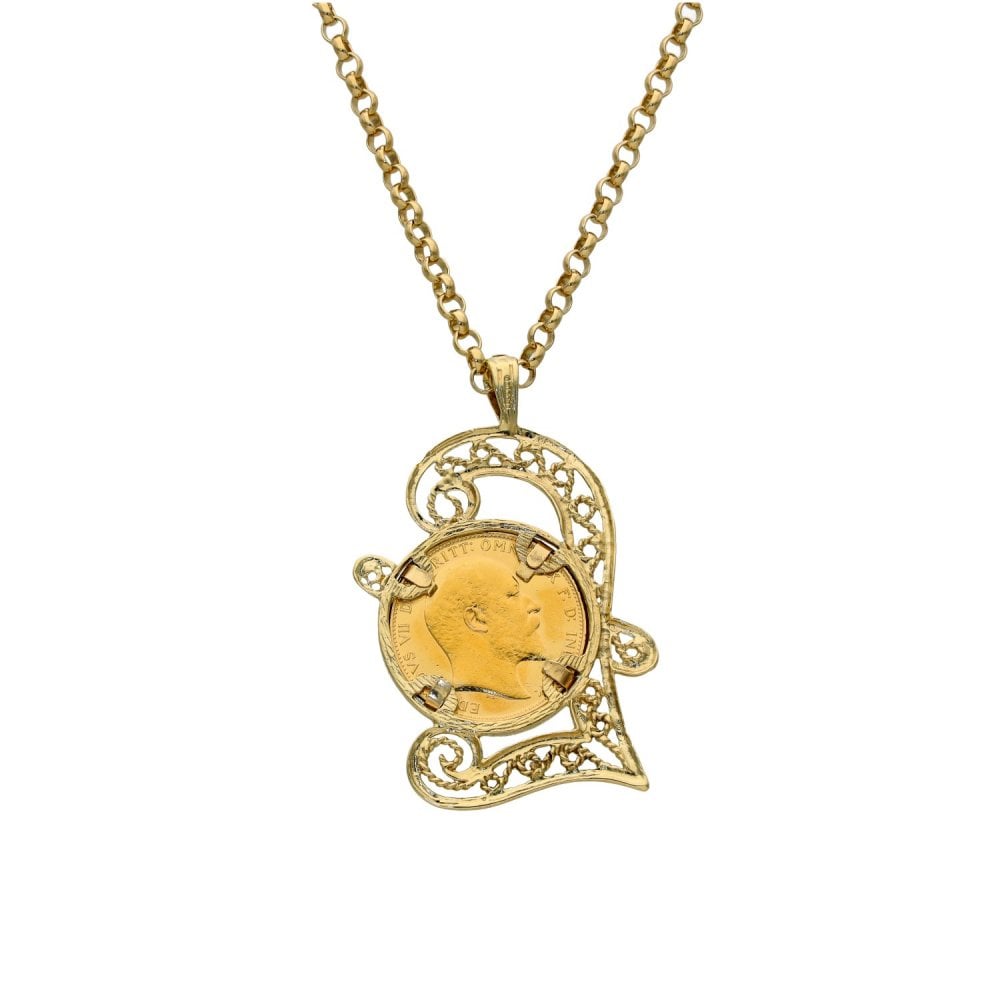 1909 Yellow Gold Full Sovereign Coin Pendant & Necklace - 22"