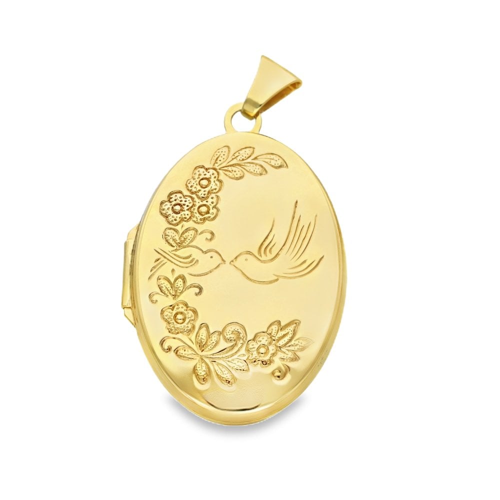 9ct Yellow Gold Oval Flower & Bird Locket - 19x29x5mm - 3.1g