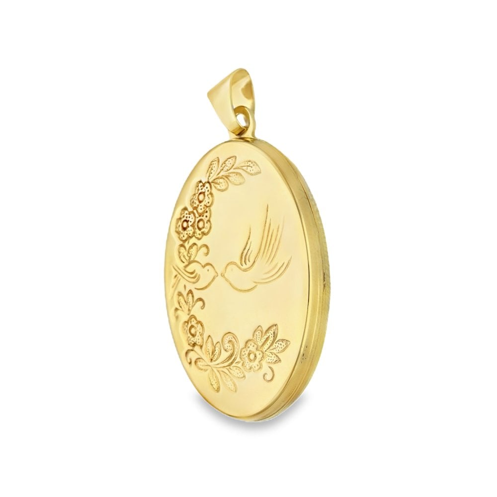 9ct Yellow Gold Oval Flower & Bird Locket - 19x29x5mm - 3.1g