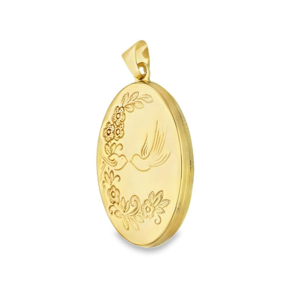 9ct Yellow Gold Oval Flower & Bird Locket - 19x29x5mm - 3.1g