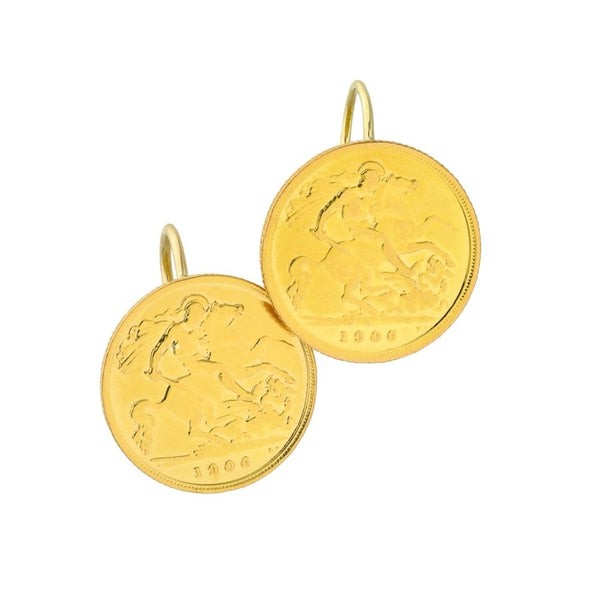1906 Yellow Gold Half Sovereign Coin Earrings - 8.5g