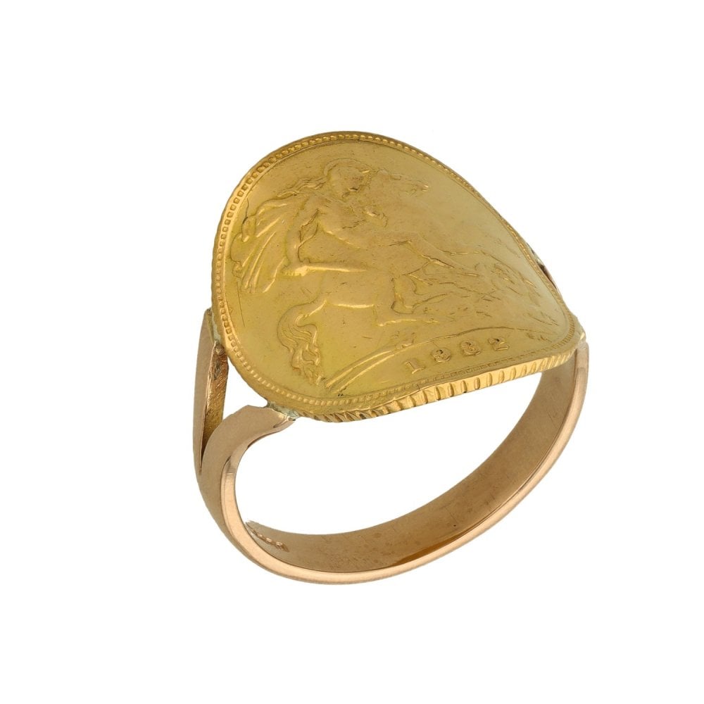 1982 Yellow Gold Bent-Over Half Sovereign Coin Ring - Size O½