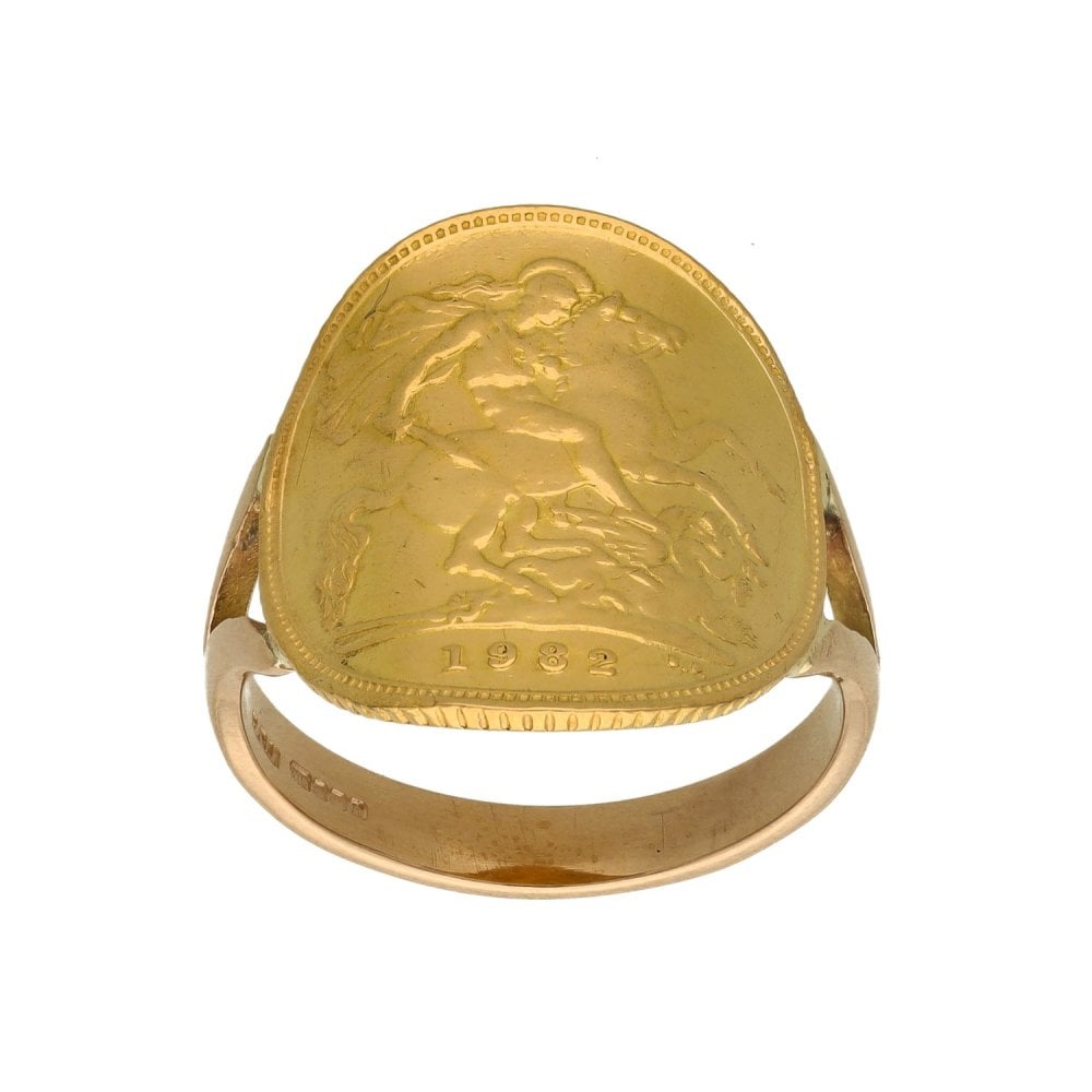 1982 Yellow Gold Bent-Over Half Sovereign Coin Ring - Size O½