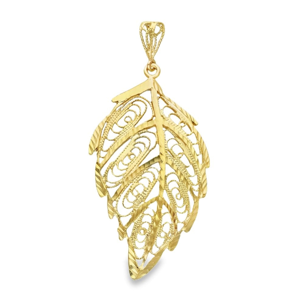 9ct Yellow Gold Large Filigree Leaf Pendant - 23x43x3mm - 3.5g