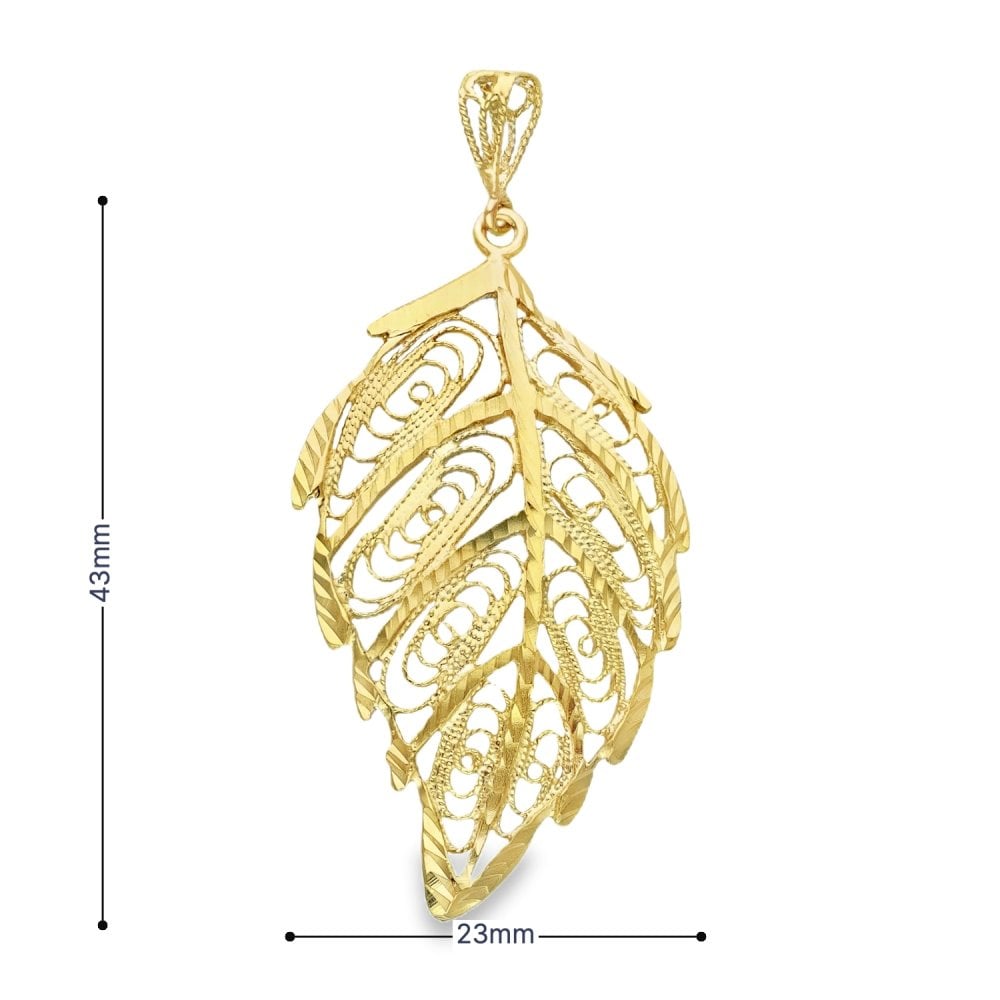 9ct Yellow Gold Large Filigree Leaf Pendant - 23x43x3mm - 3.5g