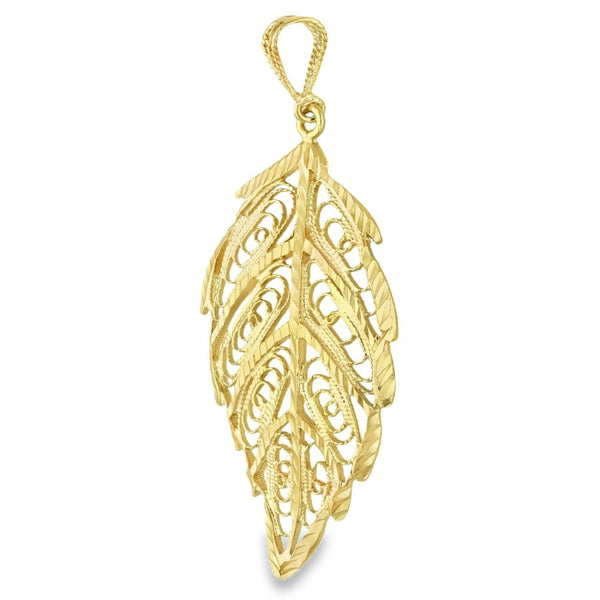 9ct Yellow Gold Large Filigree Leaf Pendant - 23x43x3mm - 3.5g