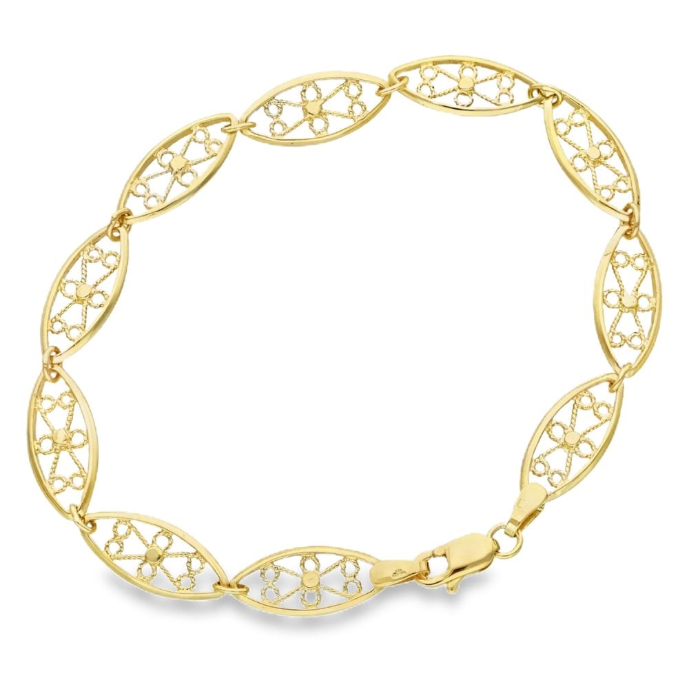 9ct Yellow Gold Oval Filigree Flower Bracelet - 7.5" - 5.3g