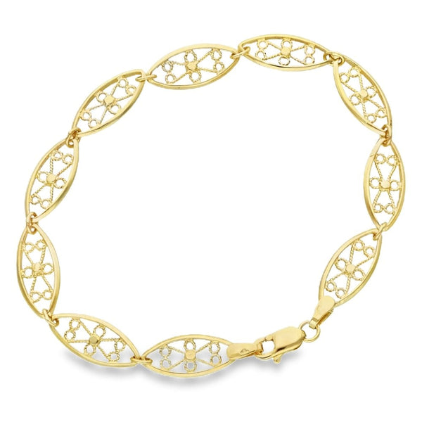 9ct Yellow Gold Oval Filigree Flower Bracelet - 7.5" - 5.3g