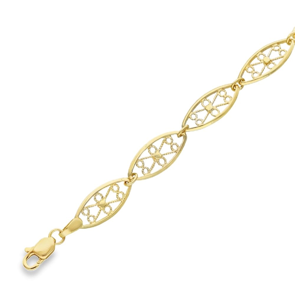 9ct Yellow Gold Oval Filigree Flower Bracelet - 7.5" - 5.3g