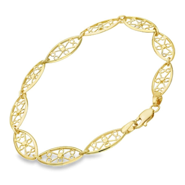 9ct Yellow Gold Oval Filigree Flower Bracelet - 7.5" - 5.3g