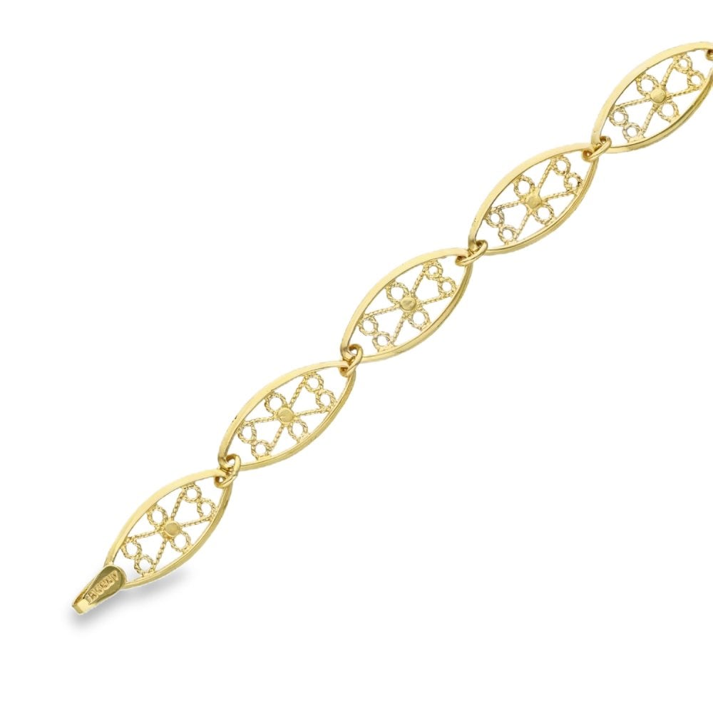 9ct Yellow Gold Oval Filigree Flower Bracelet - 7.5" - 5.3g