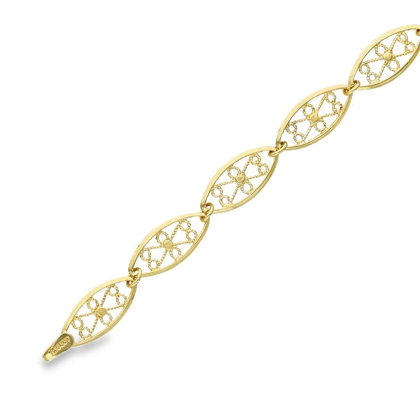 9ct Yellow Gold Oval Filigree Flower Bracelet - 7.5" - 5.3g