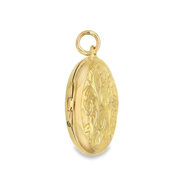 9ct Yellow Gold Circle Feather Engraved Locket -22x25x6mm - 3.0g