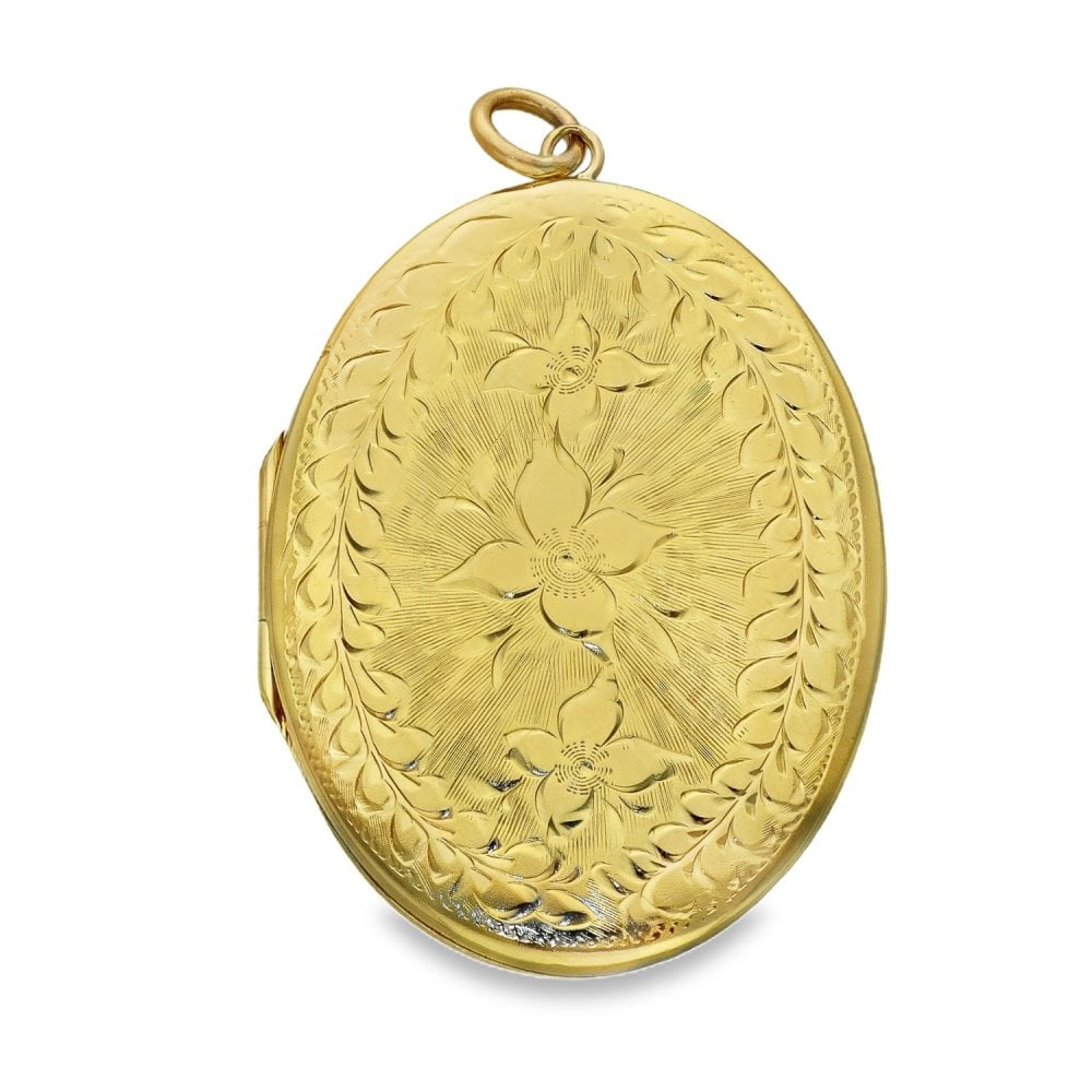 9ct Yellow Gold Oval Flower & Wreath Engraved Locket - 31x41x5mm