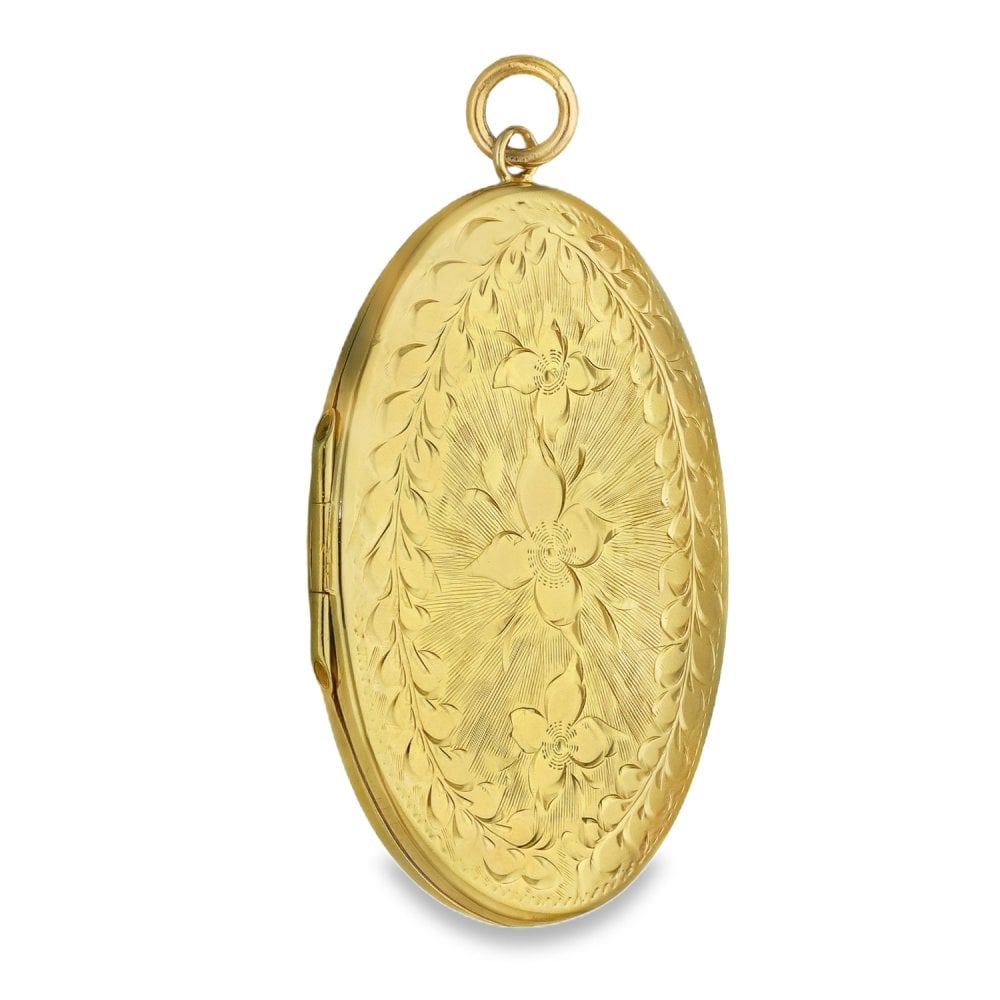 9ct Yellow Gold Oval Flower & Wreath Engraved Locket - 31x41x5mm