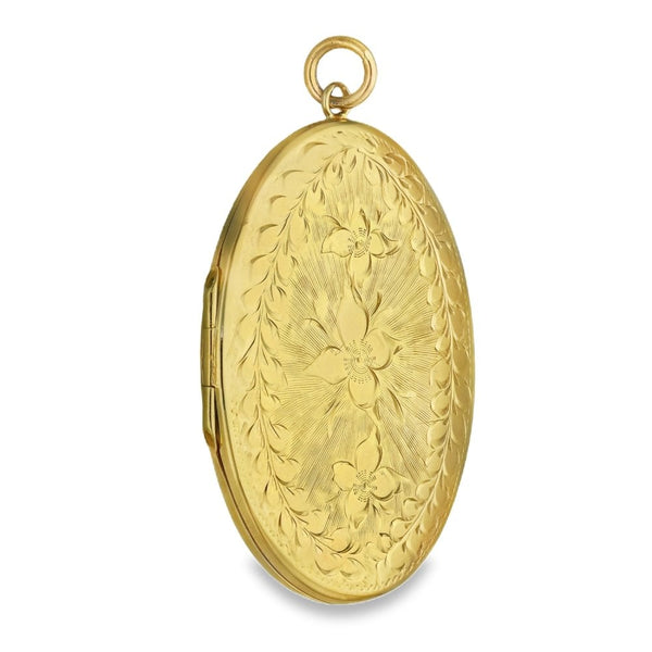 9ct Yellow Gold Oval Flower & Wreath Engraved Locket - 31x41x5mm