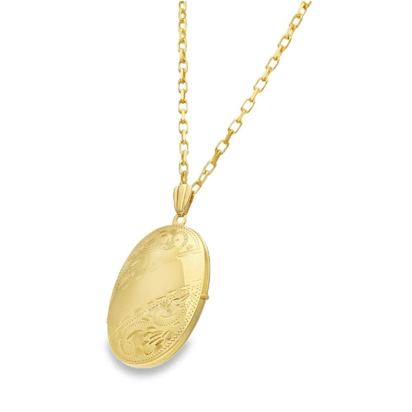 9ct Yellow Gold Feather Engraved Locket & Belcher Chain - 20"