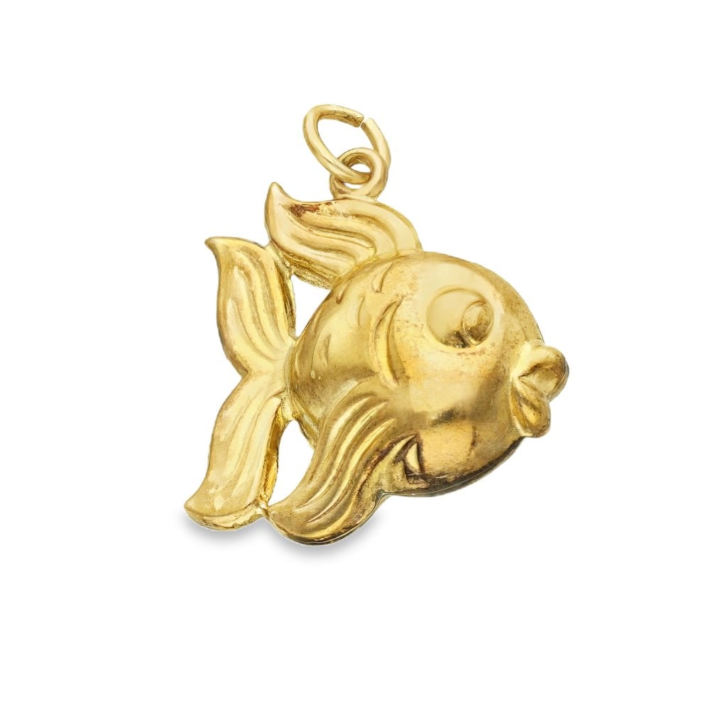 9ct Yellow Gold Hollow Bubble Fish Charm - 19x20x8mm - 1.7g