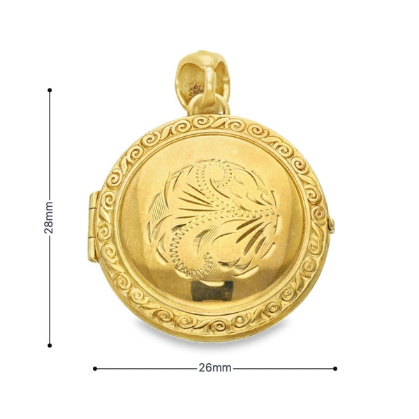 9ct Yellow Gold Round Patterned Locket - 28x26x9mm - 7.5g