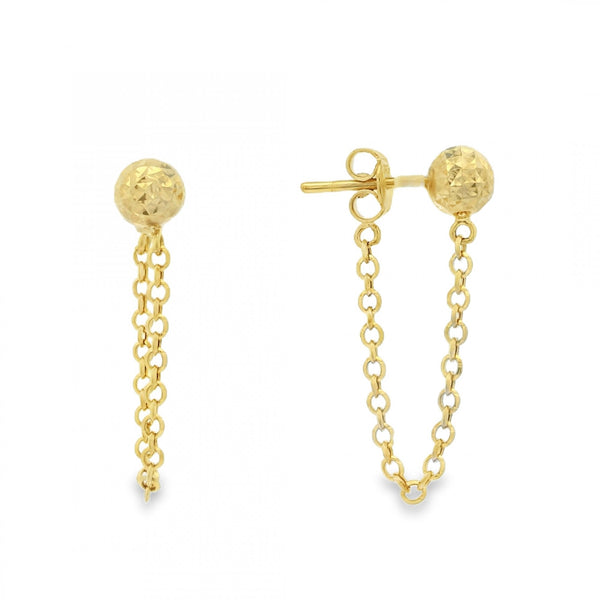 9ct Yellow Gold Ball & Chain Stud Earrings - 6x30mm - 1.3g
