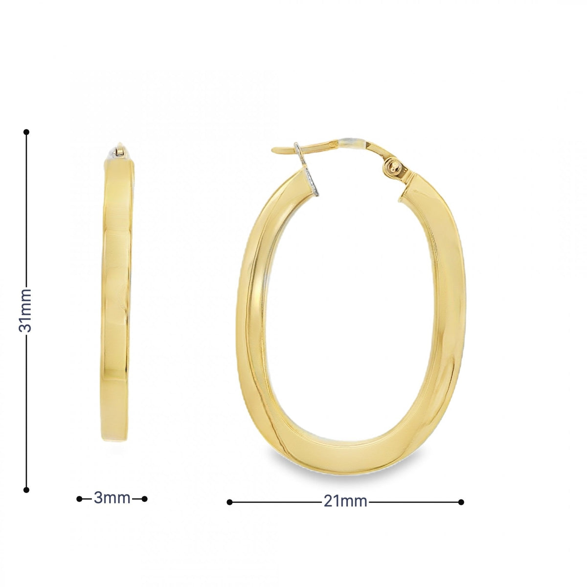 9ct Yellow Gold Oval Hoop Earrings - 21x31x3mm - 2.3g