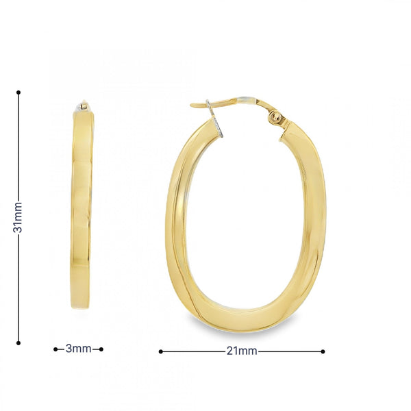 9ct Yellow Gold Oval Hoop Earrings - 21x31x3mm - 2.3g