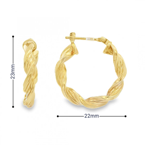 9ct Yellow Gold Ribbon Twist Hoop Earrings - 22x23mm - 1.5g