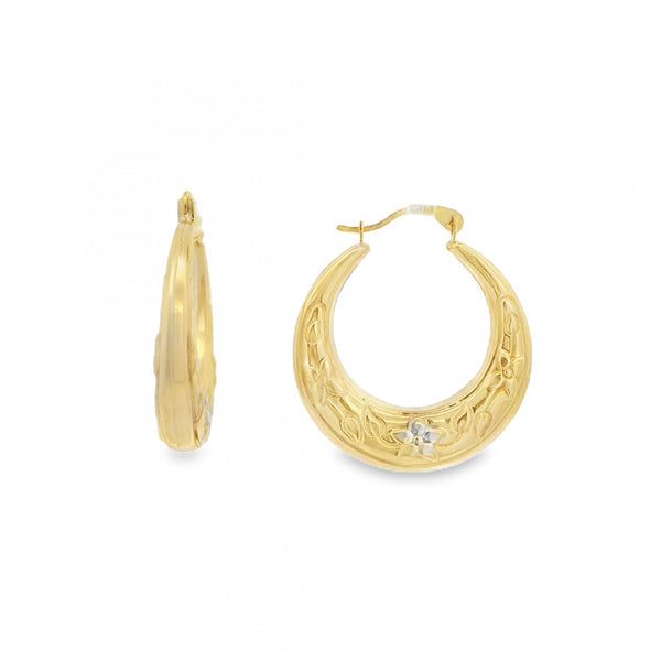 9ct Yellow Gold Flower Patterned Creole Hoop Earrings - 22x24mm