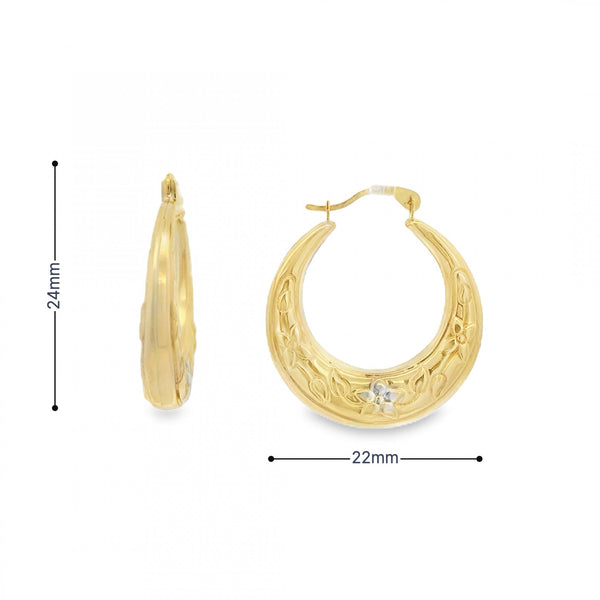 9ct Yellow Gold Flower Patterned Creole Hoop Earrings - 22x24mm