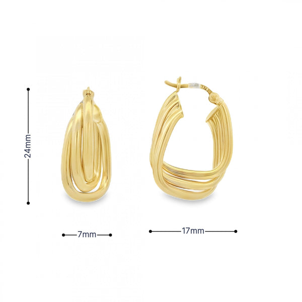 9ct Yellow Gold Triple Tube Hoop Earrings - 17x24mm