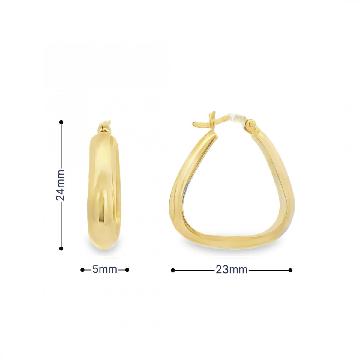 9ct Yellow Gold D-Shape Triangular Hoop Earrings - 23x24x5mm