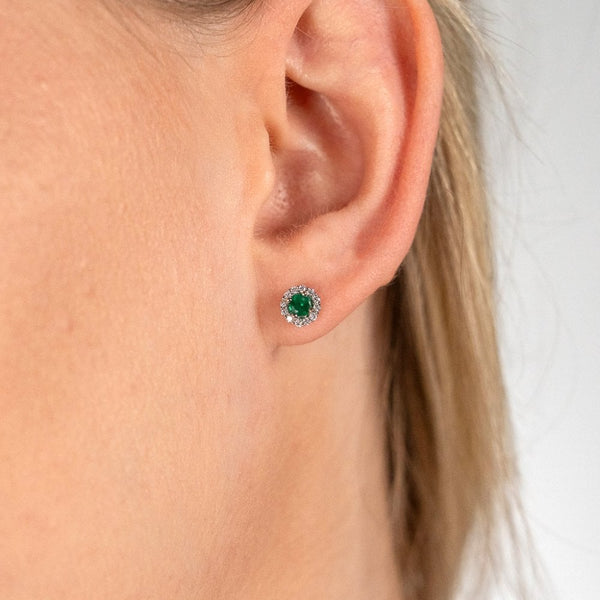 18ct White Gold Emerald & Diamond Stud Earrings - 0.15ct