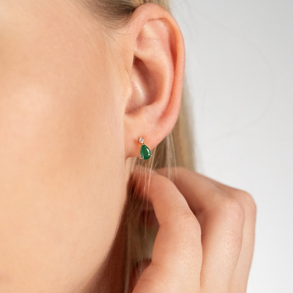9ct Yellow Gold Emerald & Diamond Stud Earrings - 0.05ct
