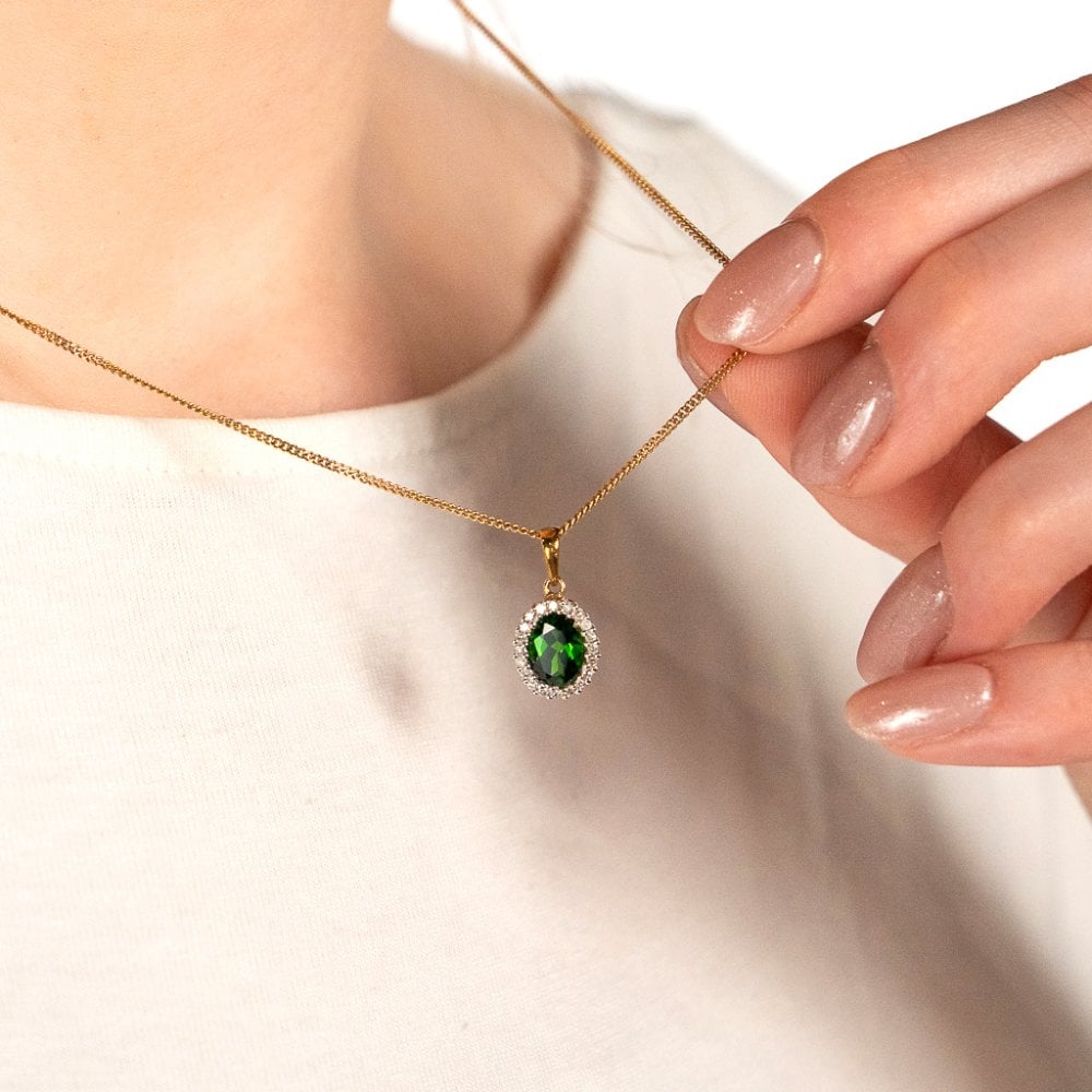 9ct Yellow Gold Diamond & Tourmaline Pendant & Chain - 18"