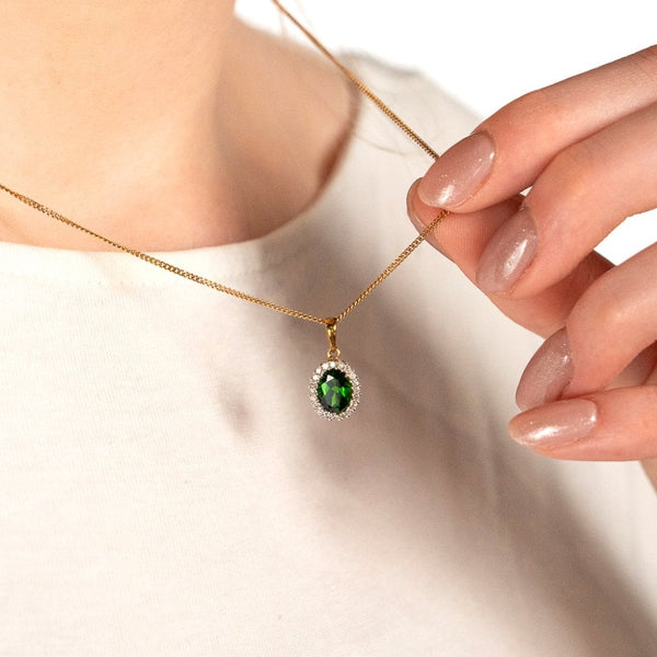 9ct Yellow Gold Diamond & Tourmaline Pendant & Chain - 18"