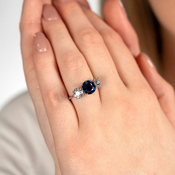 950 Platinum Sapphire & Diamond Trilogy Ring - Size N½ - 1.71ct