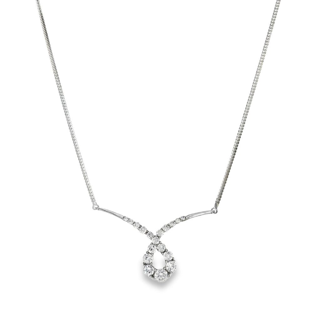 9ct White Gold CZ Twist Pendant & Herringbone Necklace - 17"