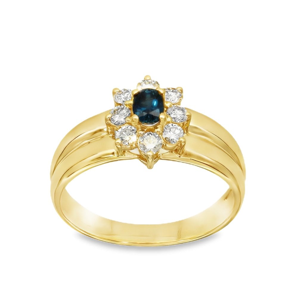 9ct Yellow Gold Sapphire & Cubic Zirconia Cluster Ring - Size N½