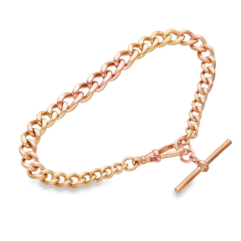 9ct Rose Gold Albert Bracelet & T-Bar Pendant - 9" - 30.2g