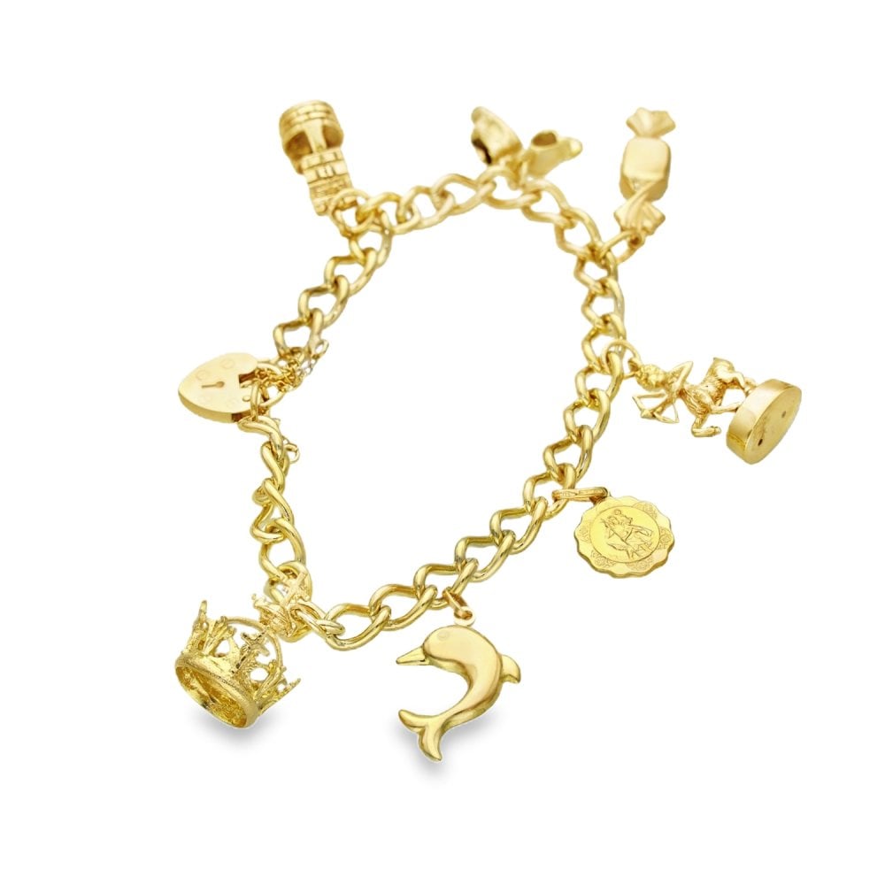 9ct Yellow Gold 7 Charm Bracelet - 7" - 24.5g