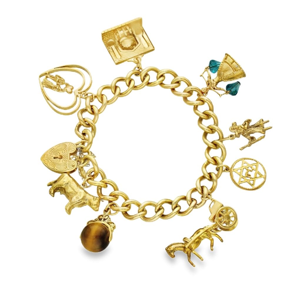9ct Yellow Gold 8 Charm Bracelet - 7" - 56.8g