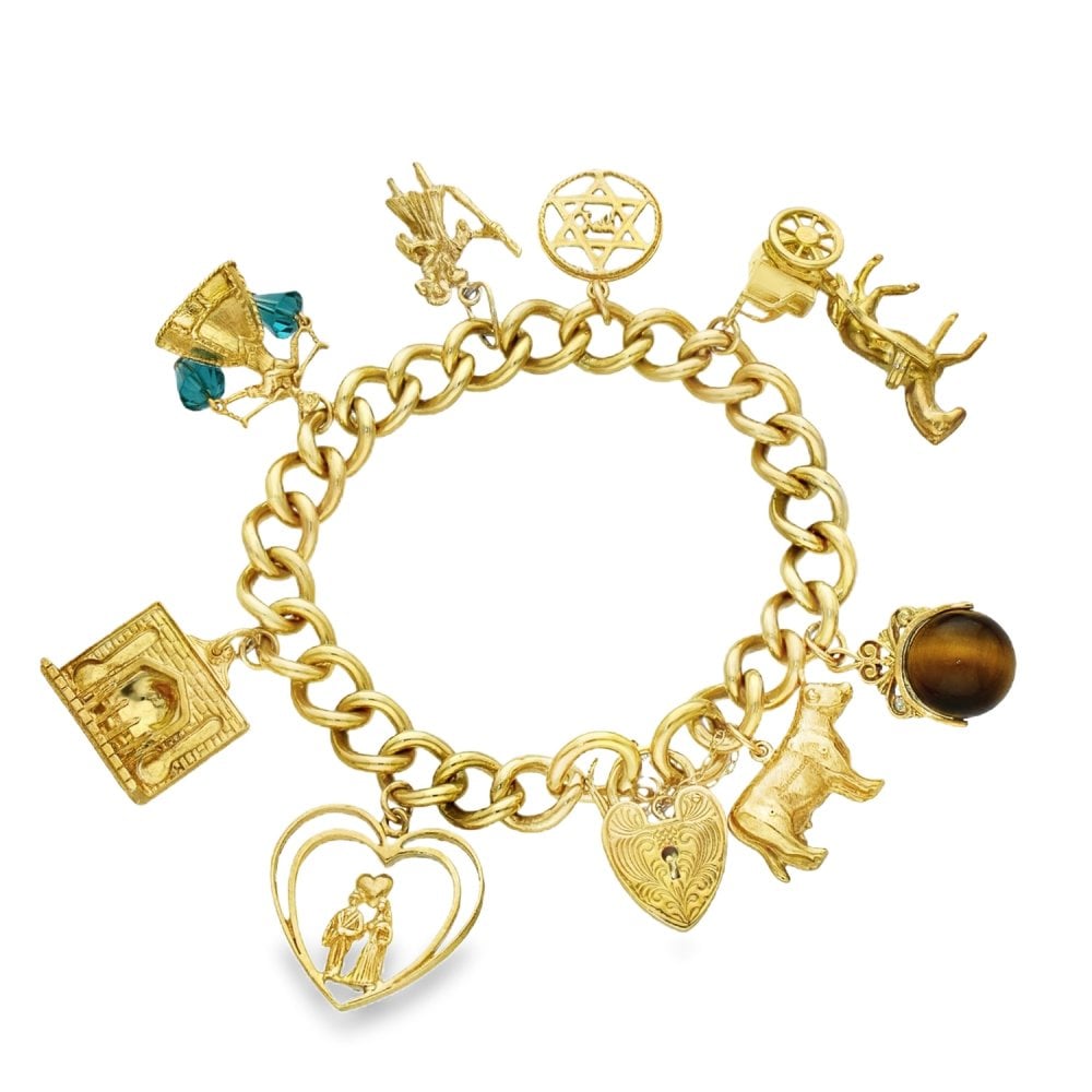 9ct Yellow Gold 8 Charm Bracelet - 7" - 56.8g