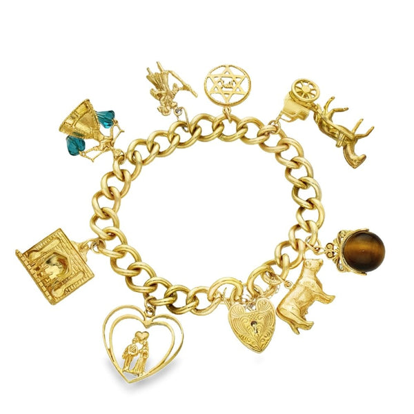 9ct Yellow Gold 8 Charm Bracelet - 7" - 56.8g