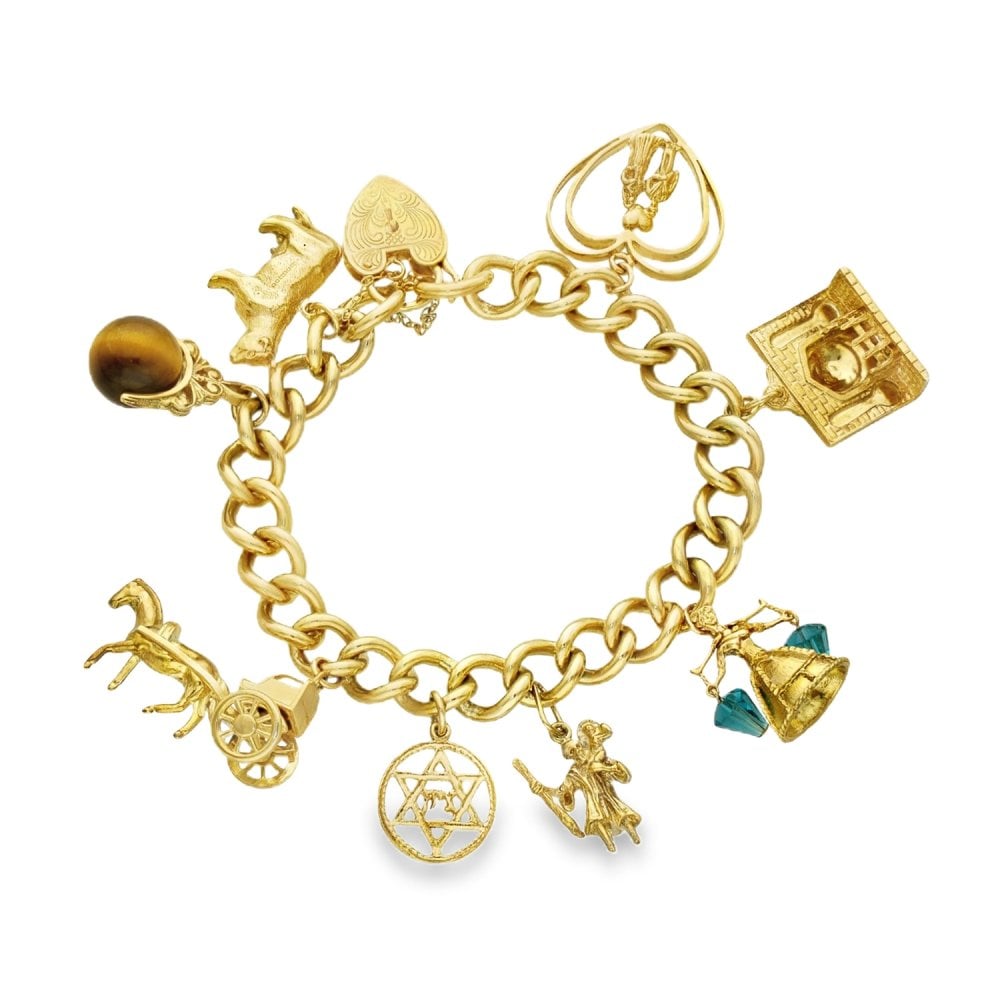 9ct Yellow Gold 8 Charm Bracelet - 7" - 56.8g
