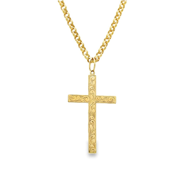 9ct Yellow Gold Feather Engraved Cross Pendant & Belcher Chain