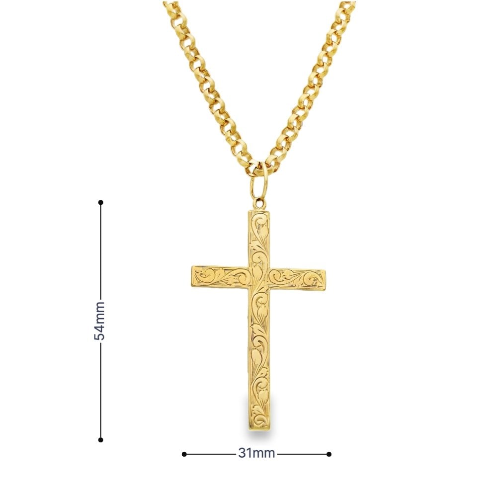 9ct Yellow Gold Feather Engraved Cross Pendant & Belcher Chain