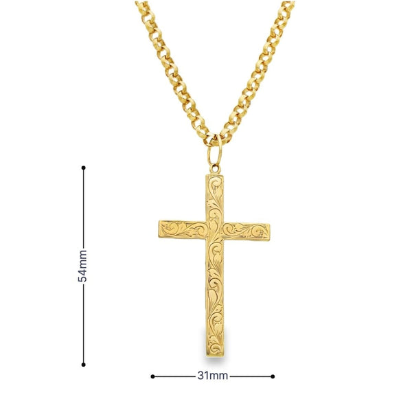 9ct Yellow Gold Feather Engraved Cross Pendant & Belcher Chain