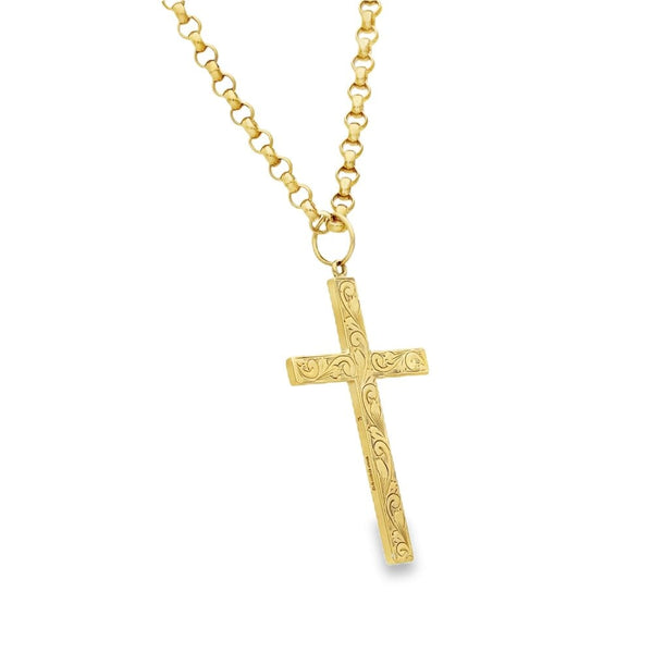 9ct Yellow Gold Feather Engraved Cross Pendant & Belcher Chain