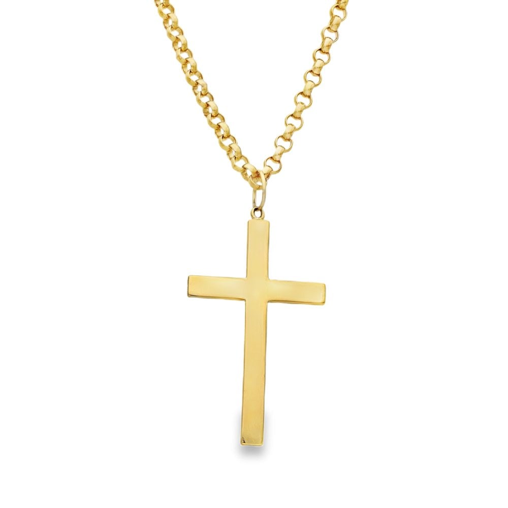 9ct Yellow Gold Feather Engraved Cross Pendant & Belcher Chain